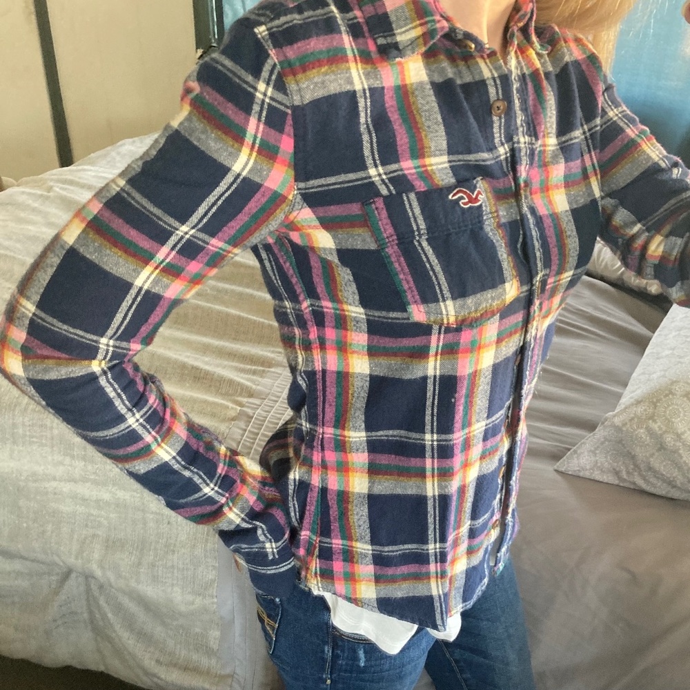Hollister Navy Blue Long Sleeve Flannel Top Sz XS - Picture 6 of 9